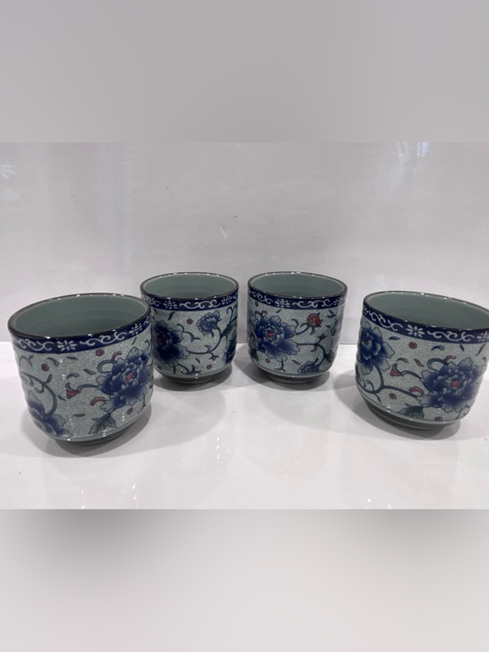 None Other - Vintage 4 Japanese porcelain yunomi tea cups blue peonies floral tea bowls
